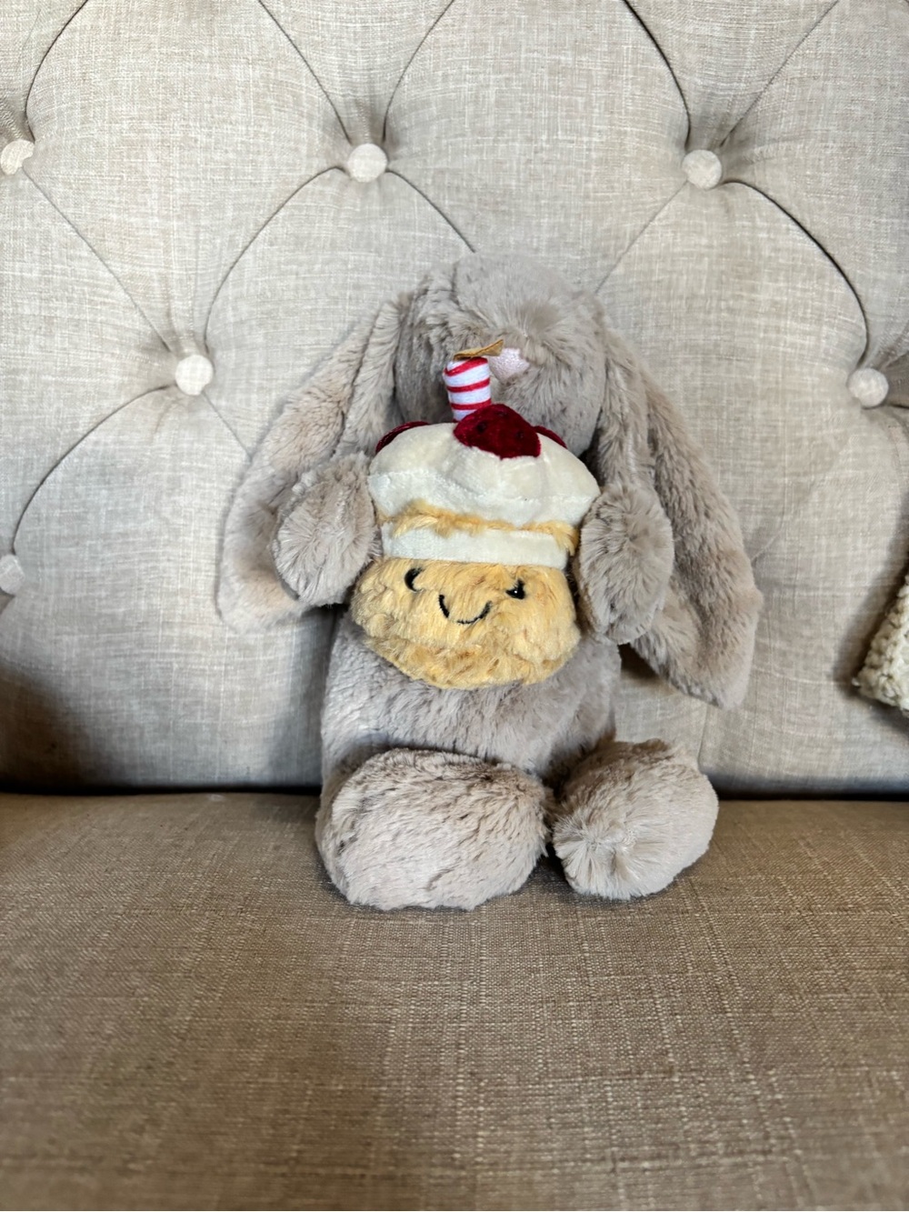 Jellycat Gray Plush Bunny Holding Cupcake Accent
